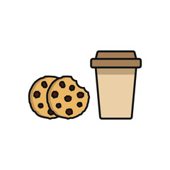 Drink and chocolate chip cookies set food icon in flat style, featuring a refreshing beverage in a cup with a straw and a stack of delicious chocolate chip cookies.