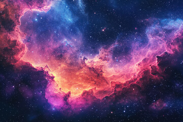 Naklejka premium Vibrant deep-space nebula with glowing magenta and blue hues expanding through the cosmos.