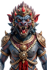 Fototapeta premium A fearsome Rakshasa, a demon from Indian mythology, with the body of a humanoid and the face of a lion. Isolated on a white background. For Gaming and Fantasy projects. 