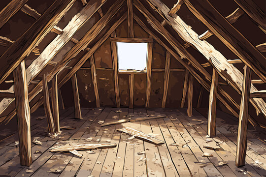 Abandoned attic horizontal background with wooden broken roof with holes. Empty garret room messy mansard with window. Damaged building interior. Cartoon style vector illustration