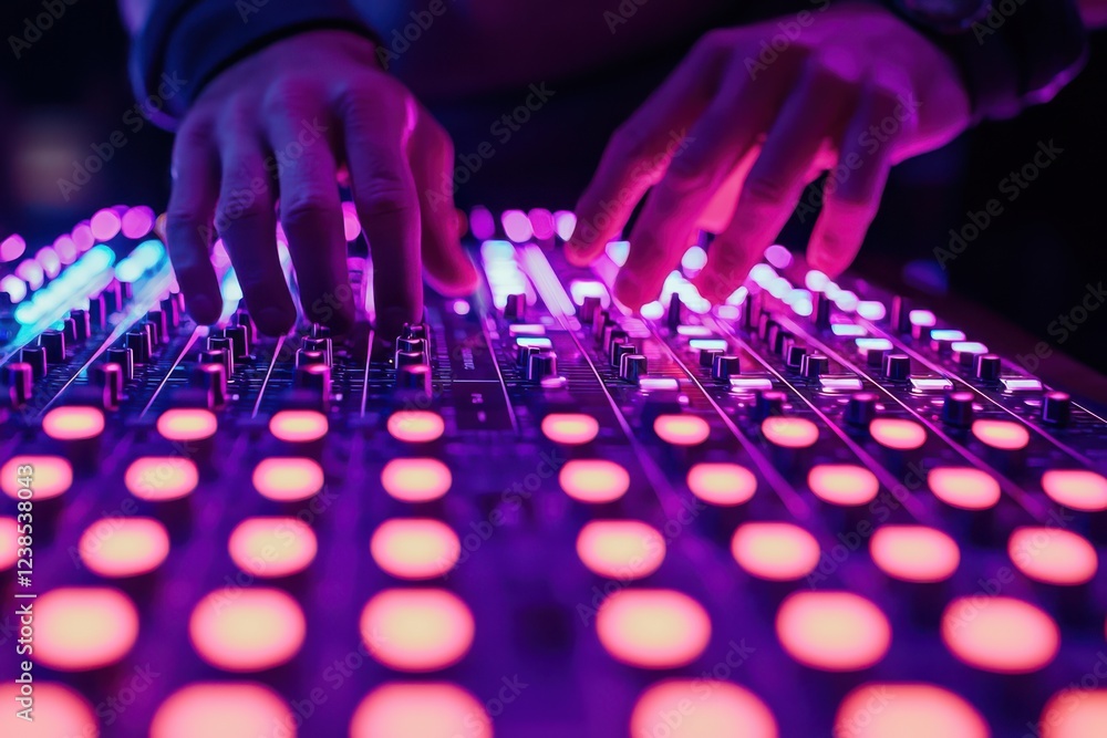 Aufkleber sound technician adjusting mixing console with colorful lights, creating vibrant atmosphere. focus i