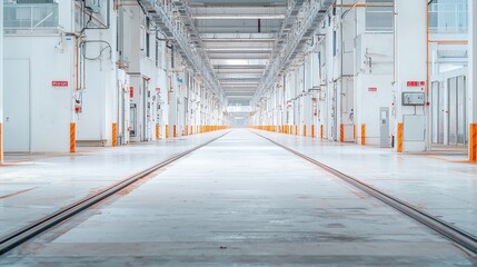 Obraz premium Forgotten Factory, an abandoned car manufacturing facility, rusted conveyor belts linger with unfinished frames, evoking a sense of desolation in a stark and minimalist environment.