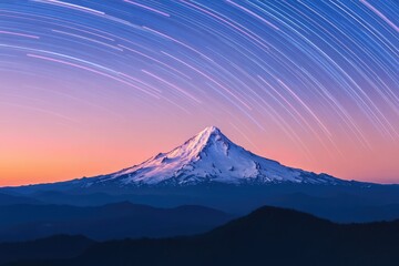 Fototapeta premium Majestic snow-capped mountain at sunset with vibrant star trails across a twilight sky.