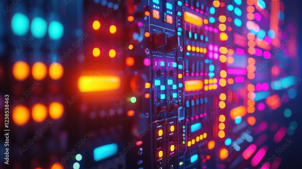 Poster close up of audio mixing equipment featuring vibrant lights and colorful buttons, creating dynamic a