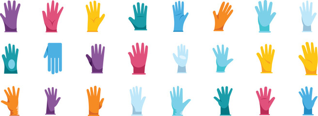Set of colorful protective gloves icons representing various hand protection gear for different industries and purposes