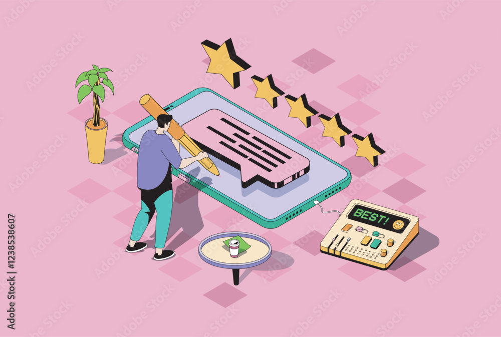 Aufkleber best feedback web concept in 3d isometric graphic design. isometry people scene with man customer le