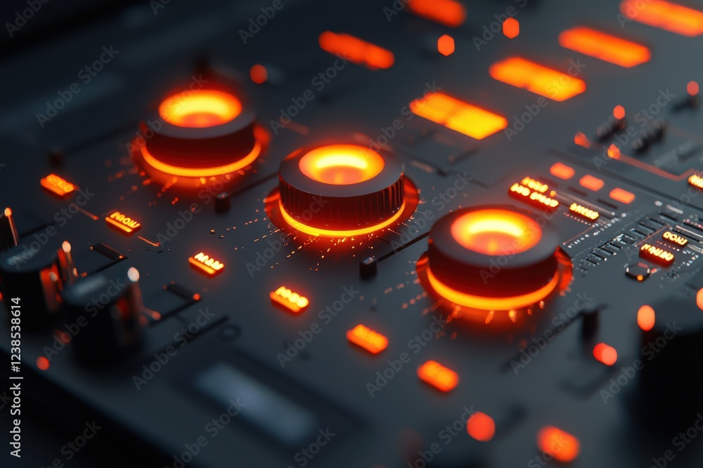 Poster close up of digital audio mixer with glowing orange knobs and buttons, showcasing intricate details 