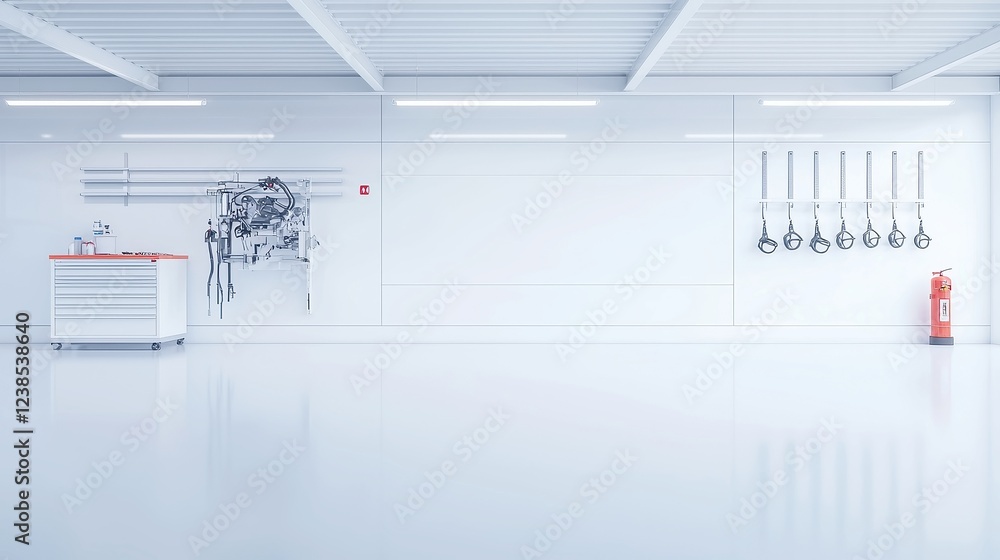 Poster auto shop workspace featuring an open toolbox, disassembled steering systems, detailed blueprints of