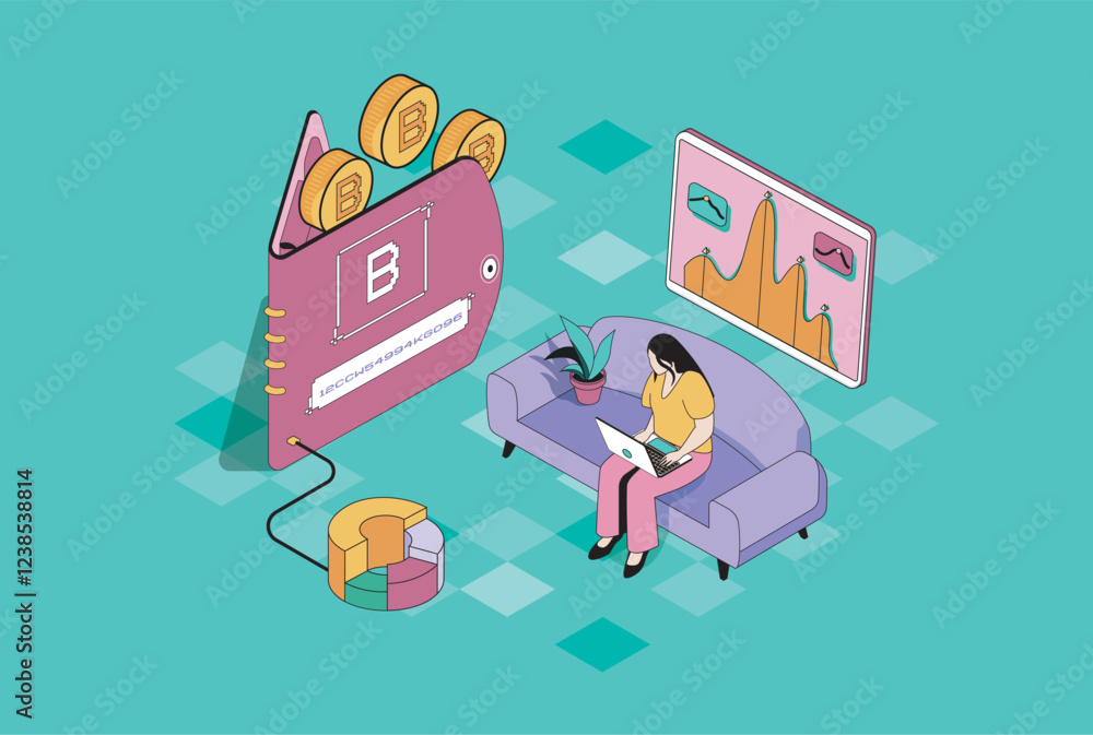 Poster Bitcoin wallet web concept in 3d isometric graphic design. Isometry people scene with woman mining cryptocurrency, buying or selling virtual btc money, earning profit online. Vector illustration.