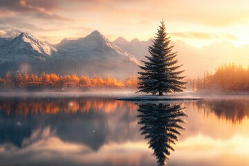 Fototapeta premium A solitary snow-dusted fir tree stands on a tranquil lake, reflecting the golden sunrise over snow-capped mountains.