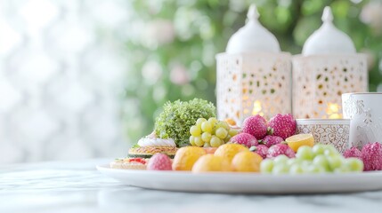 Naklejka premium Festive fruit platter, lanterns, spring background; Eid celebration