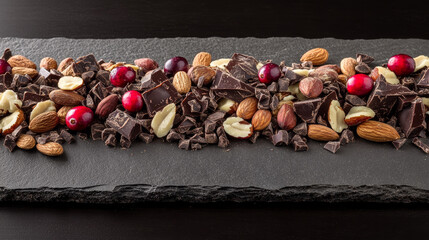 luxurious spread of mixed nuts and dark chocolate, featuring almonds, hazelnuts, and cranberries, perfect for gourmet snack or dessert
