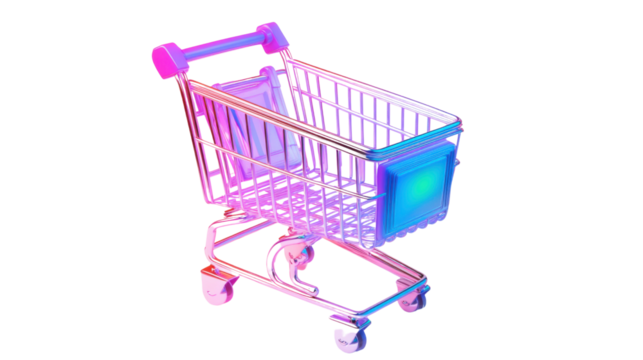 Empty shopping cart with transparent background exhibiting vibrant pink and blue colors