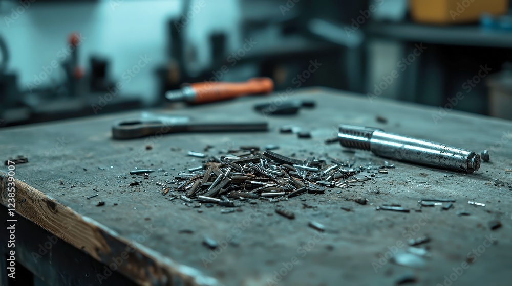 Poster scattered dashboard fragments, a mechanic's worktable cluttered with broken dashboard pieces, minima