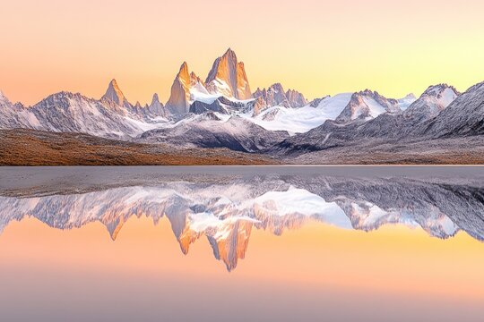 Majestic snow-capped mountains reflected in a tranquil lake at sunset, a breathtaking natural scene.