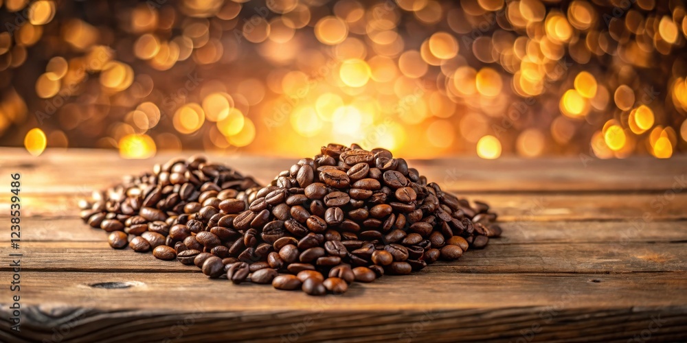 Poster roasted coffee beans arranged in a heart shape on rustic wood with a bokeh background