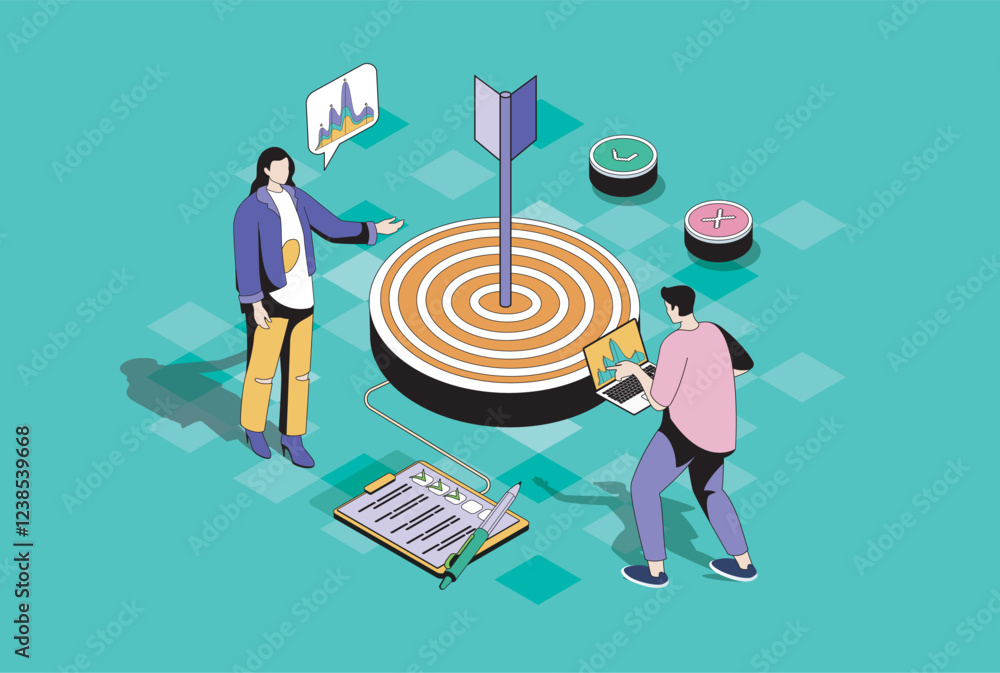 Poster Focus group web concept in 3d isometric graphic design. Isometry people scene with marketing team studying customer audience and behavior for targeting and advertising strategy. Vector illustration.