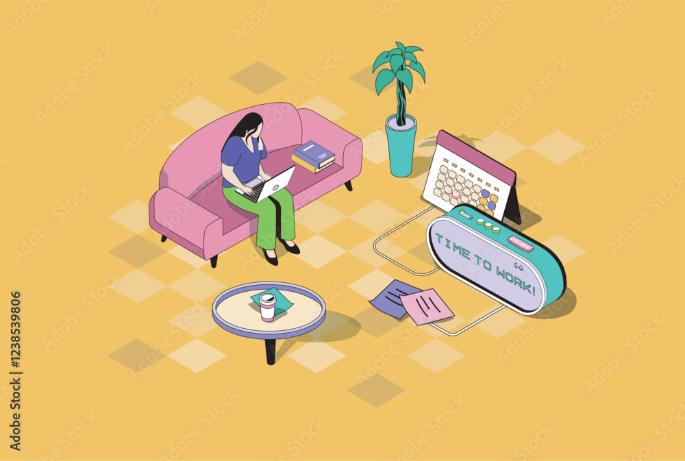 Aufkleber freelance work web concept in 3d isometric graphic design. isometry people scene with woman working 