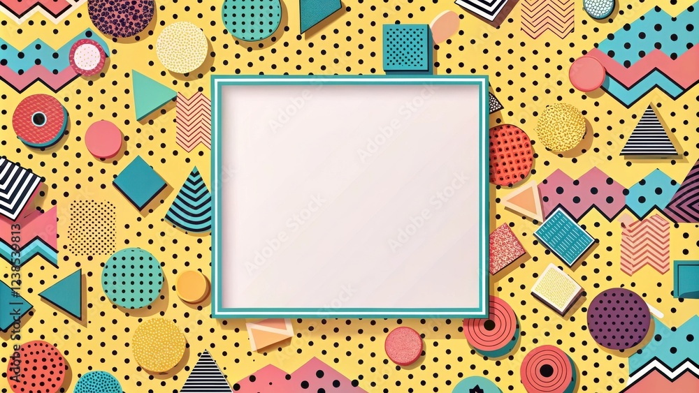 Poster bright yellow background with geometric shapes and blank square frame for design projects