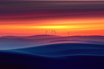 Serene sunset over rolling hills with wind turbines, a picturesque landscape of renewable energy.