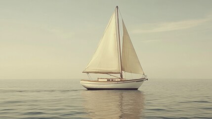 Fototapeta premium Sailboat glides on calm sea, tranquil morning; travel, nautical poster