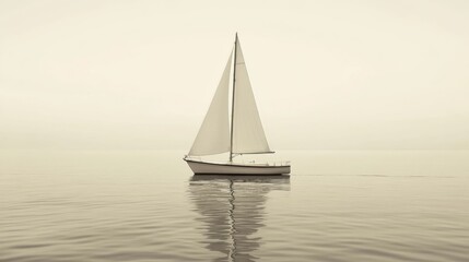 Fototapeta premium Sailboat gliding on calm sea, misty background, peaceful scene, travel imagery