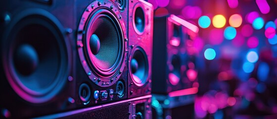 Colorful sound system at music performance venue, featuring vibrant lights and speakers. atmosphere is energetic and lively, perfect for enjoying music