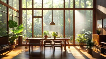 A spacious sunlit dining area with simple wood furniture, potted plants, and large windows