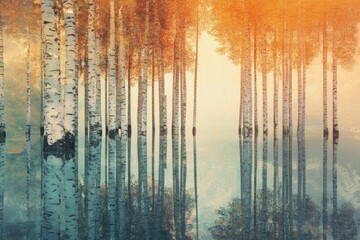 Serene autumnal birch forest reflected in tranquil water, creating a dreamy, artistic scene.