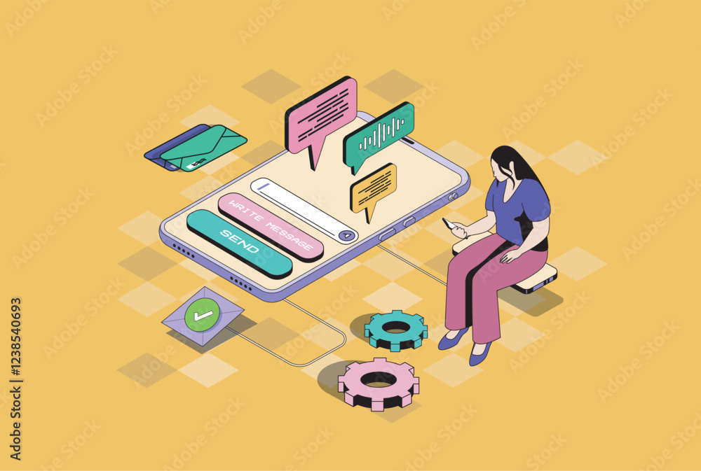 Aufkleber Messaging services web concept in 3d isometric graphic design. Isometry people scene with woman using mobile app for sending emails, chatting with friends, commenting online. Vector illustration.