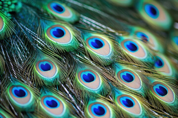 Obraz premium Peacock tail feathers in a symmetrical arrangement displaying intricate eye spot designs.