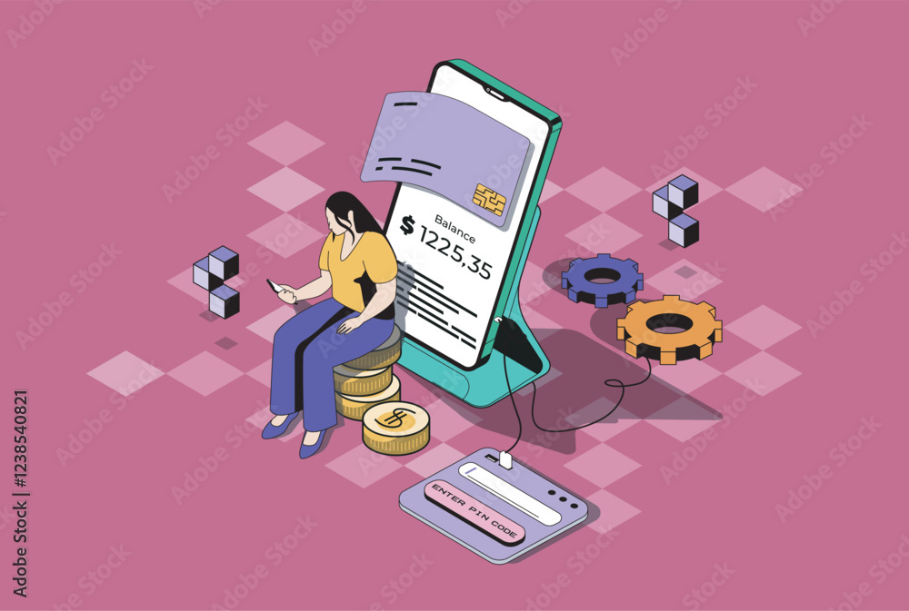 Aufkleber mobile banking web concept in 3d isometric graphic design. isometry people scene with woman using ap
