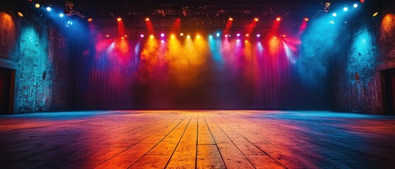 dramatic view of empty circus stage with colorful lights illuminating wooden floor, creating vibrant atmosphere. stage is ready for performance