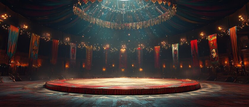 dramatic view of empty circus ring surrounded by colorful banners and dim lighting, evoking sense of nostalgia and anticipation