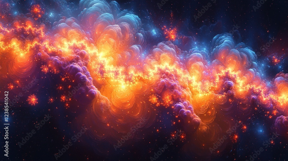 Poster fiery fractal pattern in deep space with glowing nebulae as a backdrop for design