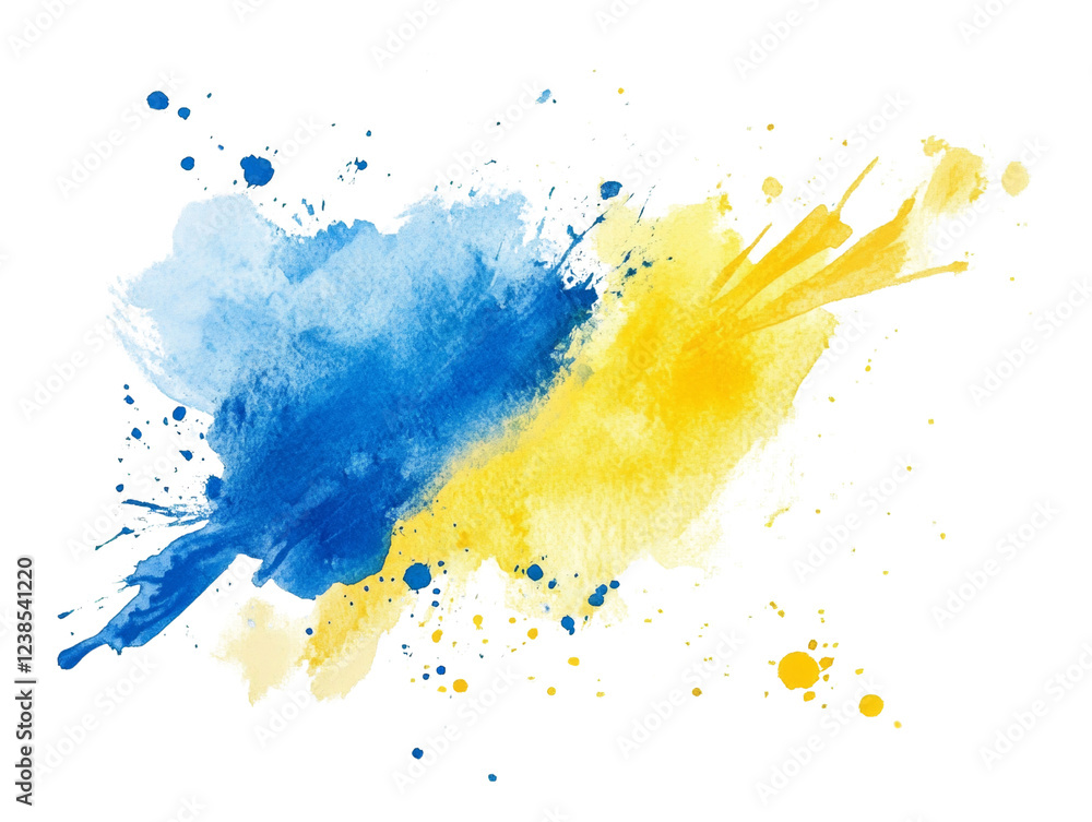 Poster the image shows an abstract watercolor painting with blue and yellow splashes and splatters creating