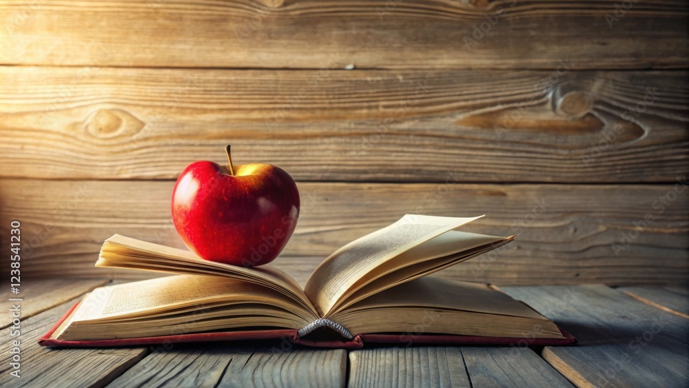 Poster a red apple rests atop an open book on a rustic wooden surface, symbolizing education and knowledge
