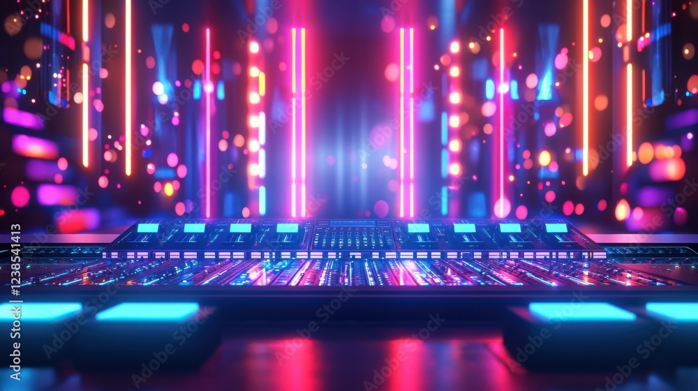 Poster vibrant audio production environment featuring colorful lights and mixing console, creating energeti