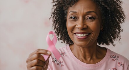 Smiling Mature African American Woman Holding Breast Cancer Awareness Ribbon. This image would be perfect for breast cancer awareness and prevention campaigns, medical marketing materials, healthcare.