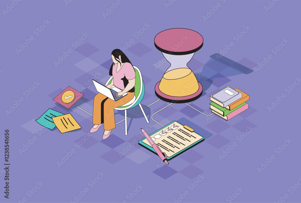 Poster time management web concept in 3d isometric graphic design. isometry people scene with woman plannin