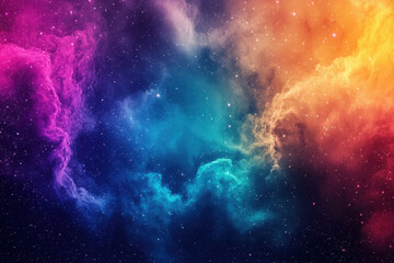 Colorful nebula with bright cyan, yellow, and violet hues stretching across deep space.
