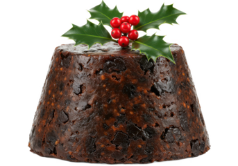 A christmas pudding with holly and berries isolated on white background, no depth of field, sharp.