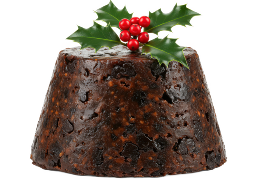 A christmas pudding with holly and berries isolated on white background, no depth of field, sharp.