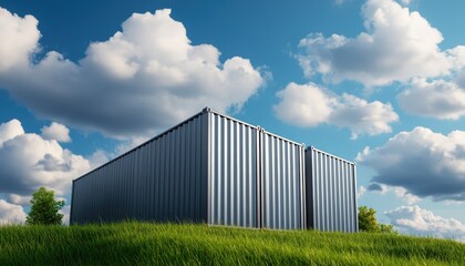 Fototapeta premium Three Shipping Containers on a Grassy Hill Under a Blue Sky