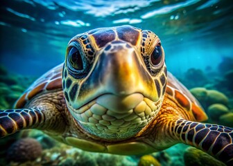 Close-Up of a Sea Turtle's Face, Candid Underwater Shot
