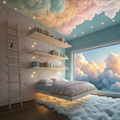 Dreamlike Floating Bedroom with Cloud Furniture & Sky Ceiling