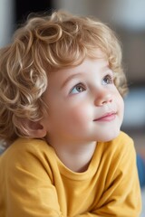 Charming young child gazes thoughtfully while sitting indoors amid a colorful and playful background, capturing a moment of innocence and wonder