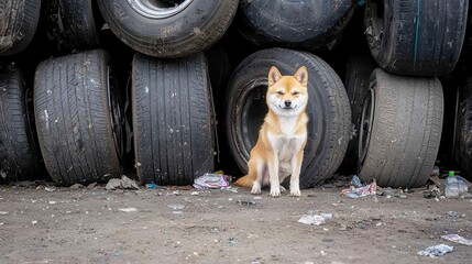 Obraz premium Junkyard Guardian, a rugged dog stands watch by a towering stack of dented fenders, merging gritty industrial charm with the raw essence of canine loyalty.