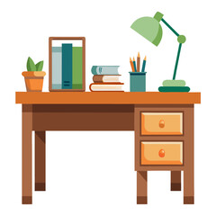 A wooden desk hosts a collection of books stacked beside a plant and a green lamp. Various colored pencils stand in a container, creating a tidy workspace ideal for study and productivity