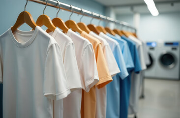 Light-colored T-shirts hang in a row on hangers on a rail in the laundry room with a washing machine in the background.